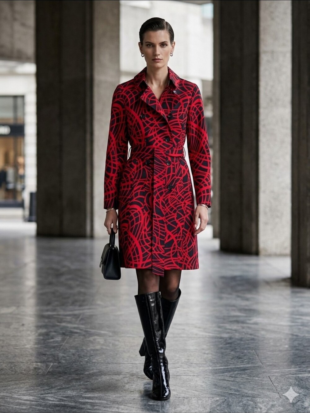 Aquascutum Cotton Trench Coat With Belt Black & Red Graphic Print
